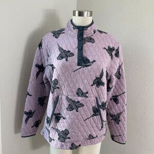 Orvis Womens Large Quilted 1/4 Snap Pheasant Bird Print Pullover Sweater